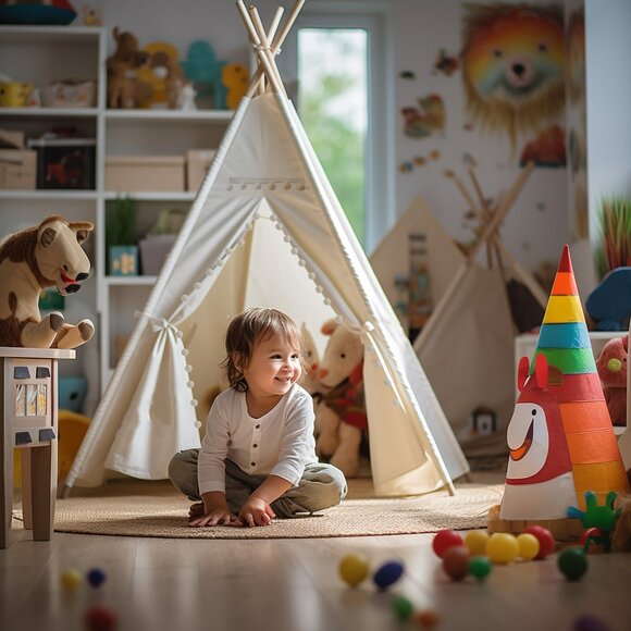 Large Foldable Kids Canvas Teepee Play Tent With Lights  ( White ) - Picture 2 of 7